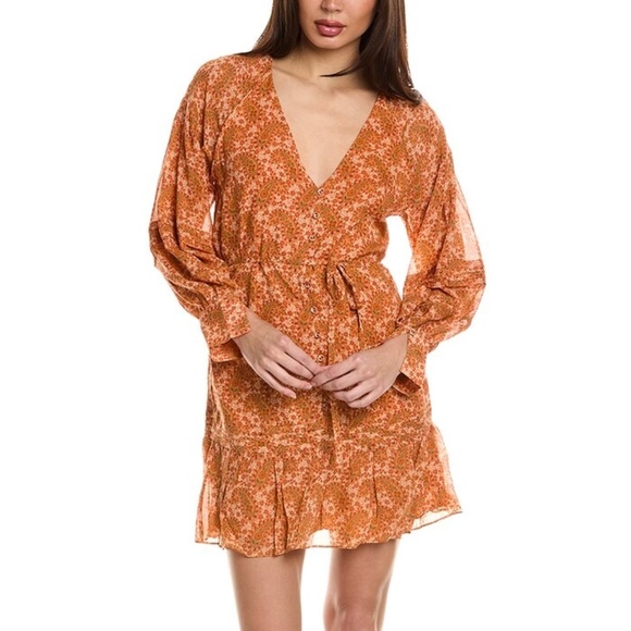 Joie 100% Silk Bree Mini Dress in Orange Caramel Multi Long Sleeve Self Belt - Picture 1 of 16